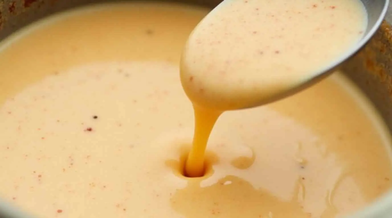 Creamy béchamel mac and cheese sauce dripping from a spoon, showing its rich and smooth texture