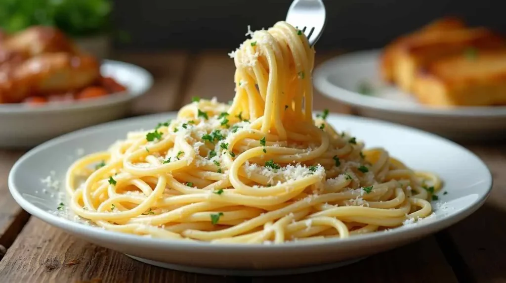 Alfredo spaghetti on a white plate, ready to serve