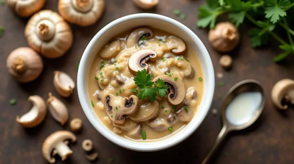 Close-up of creamy mushroom sauce with sautéed mushrooms and fresh parsley in a ceramic bowl, styled with rustic wooden tableware.