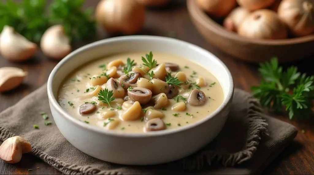 A creamy mushroom sauce recipe served in a white bowl, garnished with parsley and surrounded by fresh mushrooms and garlic cloves, perfect for pasta or steak.