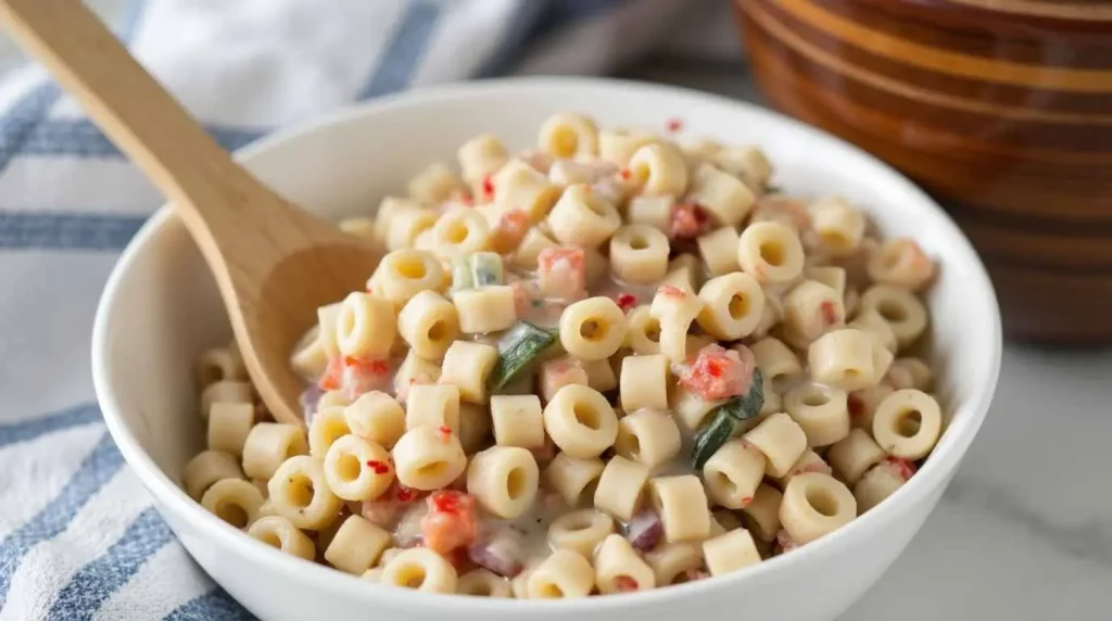 A bowl of ditalini pasta salad mixed with colorful vegetables and creamy dressing, served with a wooden spoon