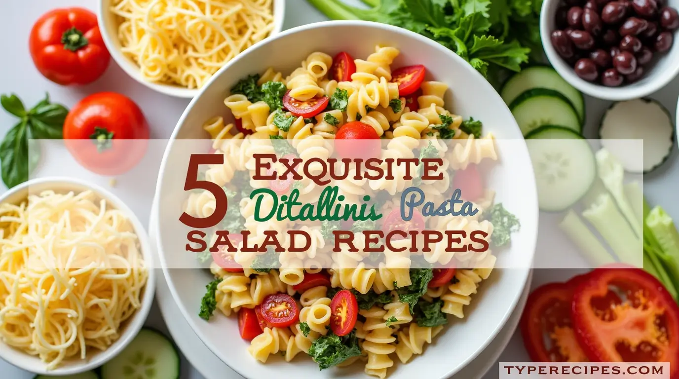 A vibrant presentation of ditalini pasta salad with cherry tomatoes, kale, and other fresh ingredients, accompanied by the text '5 Exquisite Ditalini Pasta Salad Recipes