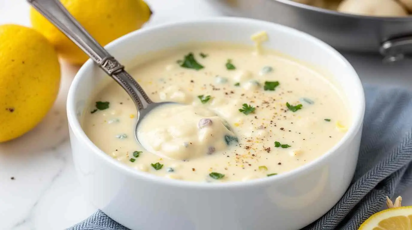 A bowl of creamy garlic parmesan sauce garnished with fresh parsley, cracked black pepper, and surrounded by bright yellow lemons for a touch of zest.