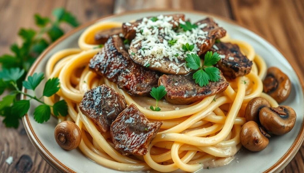 Creamy Mushroom Steak Pasta Alfredo