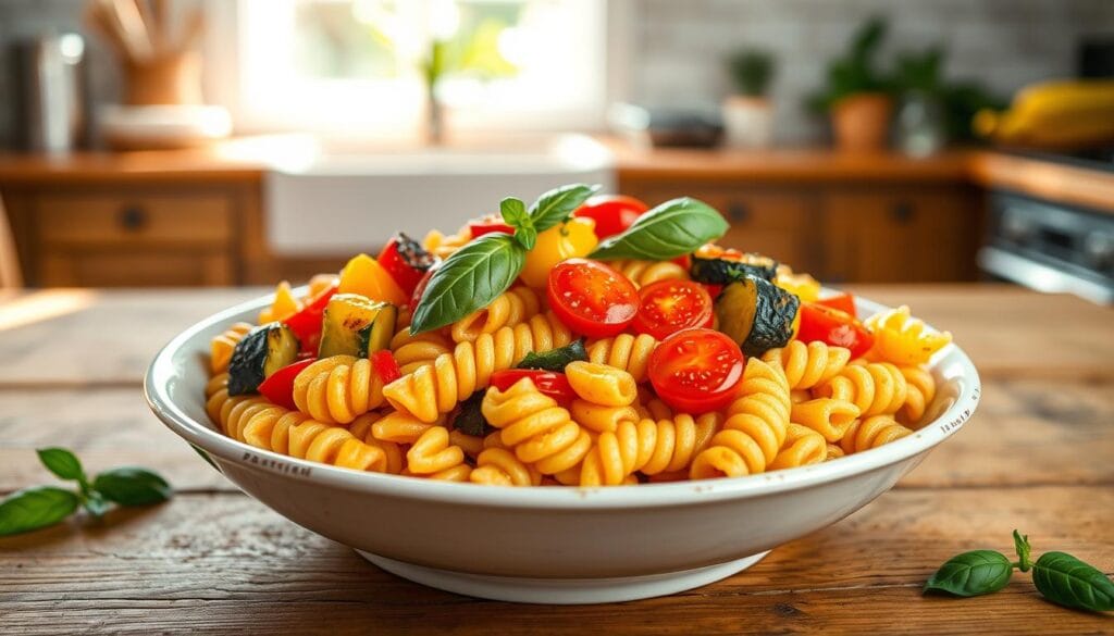 Vegetarian Rotini with Roasted Vegetables on white bowl