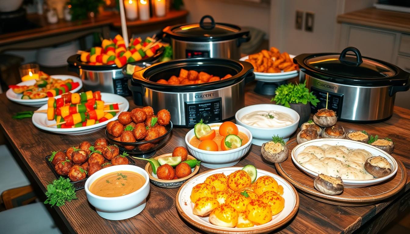 different types of Crockpot Appetizers recipes on a table ready to serve