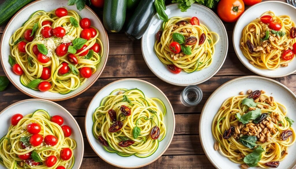 Vegetarian pasta recipe featuring zucchini slices and roasted cherry tomatoes with a sprinkle of Parmesan.
