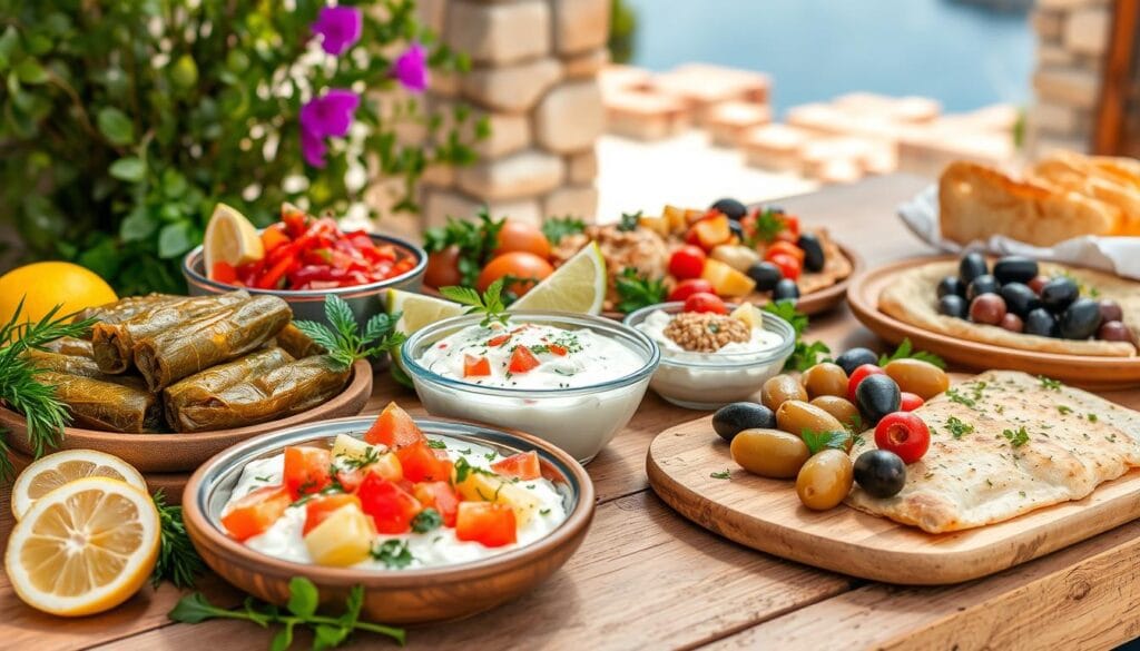 Vegetarian Greek Meze Options pn a table ready to serve 