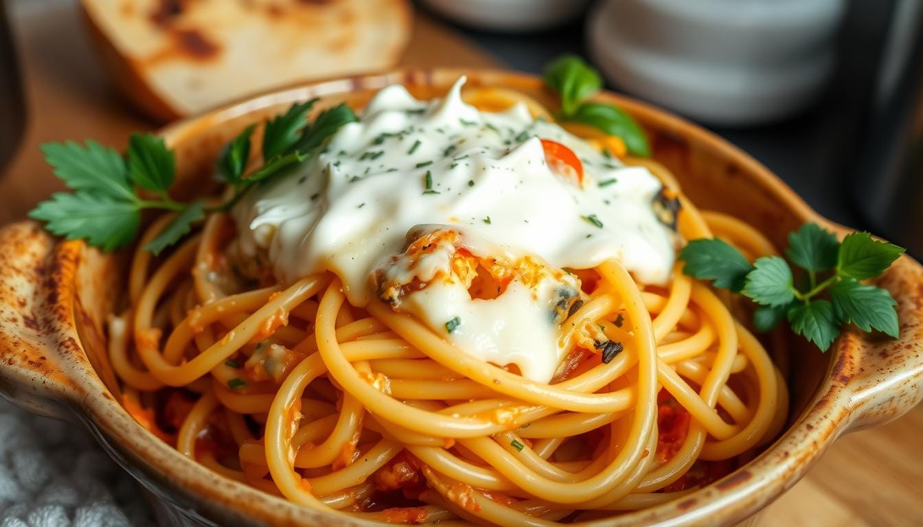 A close-up of baked spaghetti with cream cheese topped with a creamy layer of melted cheese and garnished with fresh parsley, served in a rustic brown bowl, perfect for comfort food lovers.