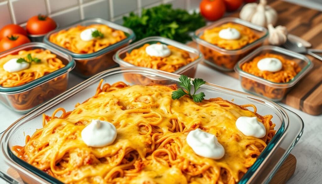 Multiple servings of baked spaghetti with golden melted cheese and dollops of cream in glass containers, ideal for meal prep or family dinners.