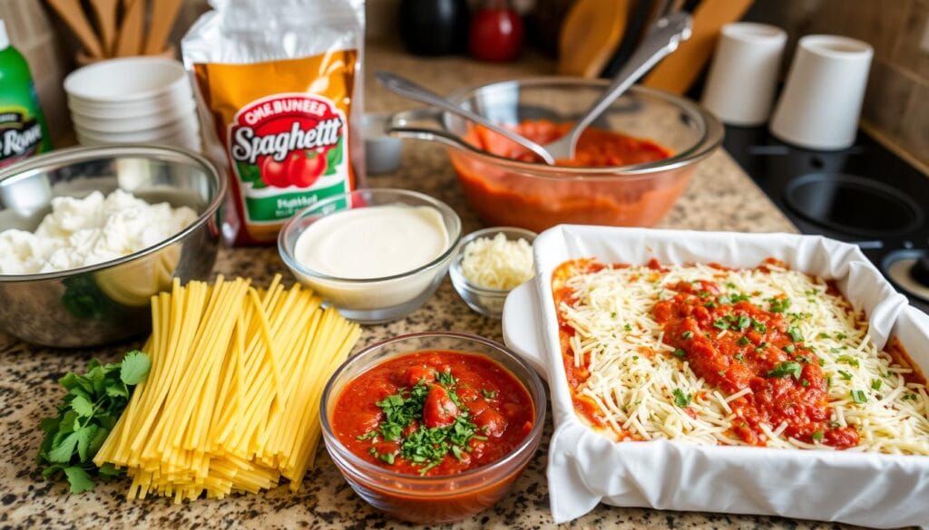 An organized display of ingredients for baked spaghetti with cream cheese, including uncooked spaghetti, marinara sauce, shredded cheese, cream cheese, parsley, and a prepared casserole dish, set on a kitchen countertop for a step-by-step recipe guide.