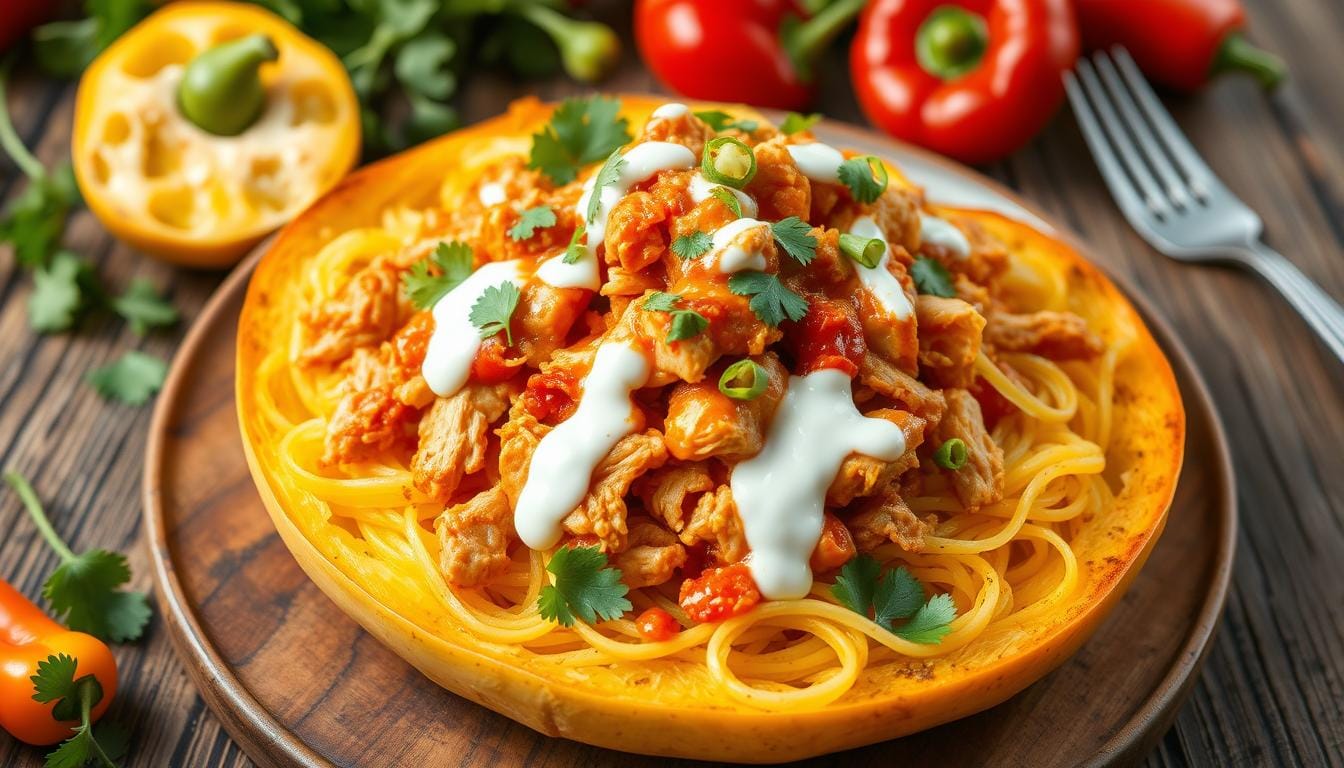 Buffalo chicken spaghetti squash served in roasted squash halves, topped with melted cheese, creamy buffalo sauce, and garnished with fresh parsley for a flavorful low-carb meal