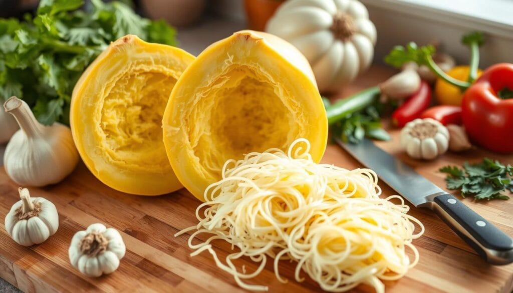 Buffalo chicken spaghetti squash bowls garnished with parsley and served hot, a perfect combination of spicy, creamy, and cheesy flavors.