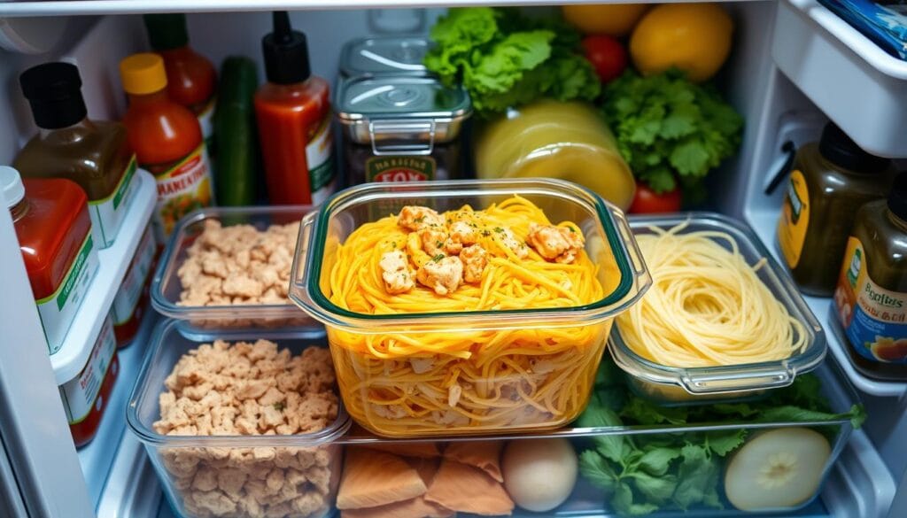 Leftover buffalo chicken spaghetti squash stored in an airtight glass container, ready for the fridge or freezer.
