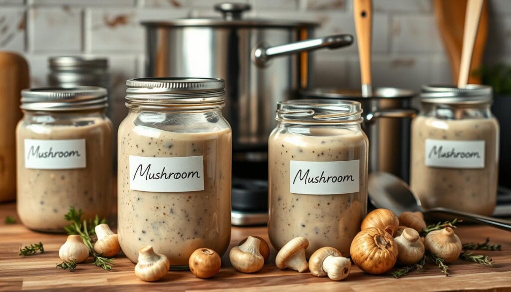 A rich mushroom creamy sauce in a white dish, topped with parsley, surrounded by fresh cream, garlic cloves, and sliced mushrooms on a wooden table.