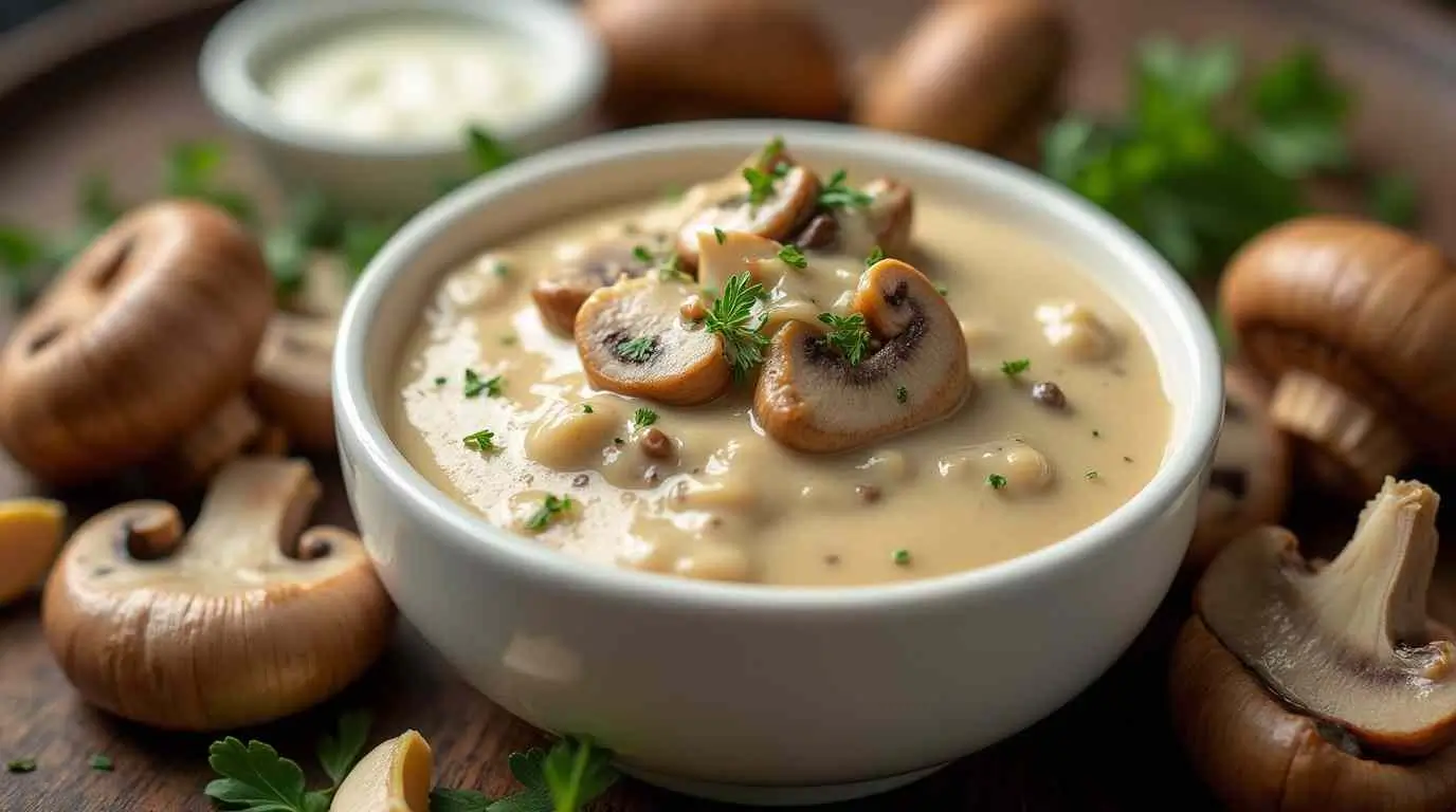 A rich mushroom cream sauce in a white dish, topped with parsley, surrounded by fresh cream, garlic cloves, and sliced mushrooms on a wooden table.