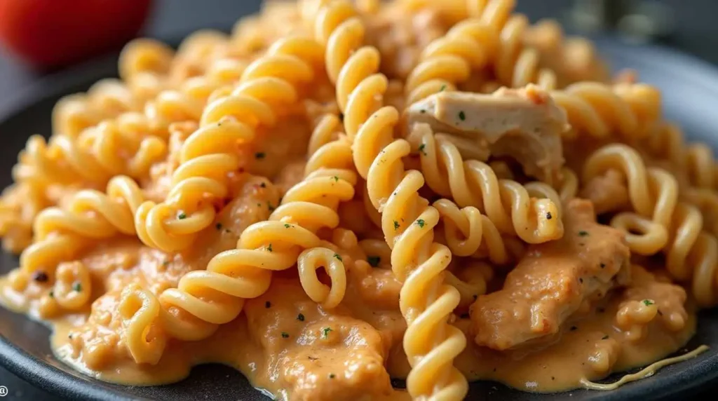 Close-up of creamy rotini pasta with tender pieces of chicken in a rich orange sauce, garnished with parsley on a black plate.