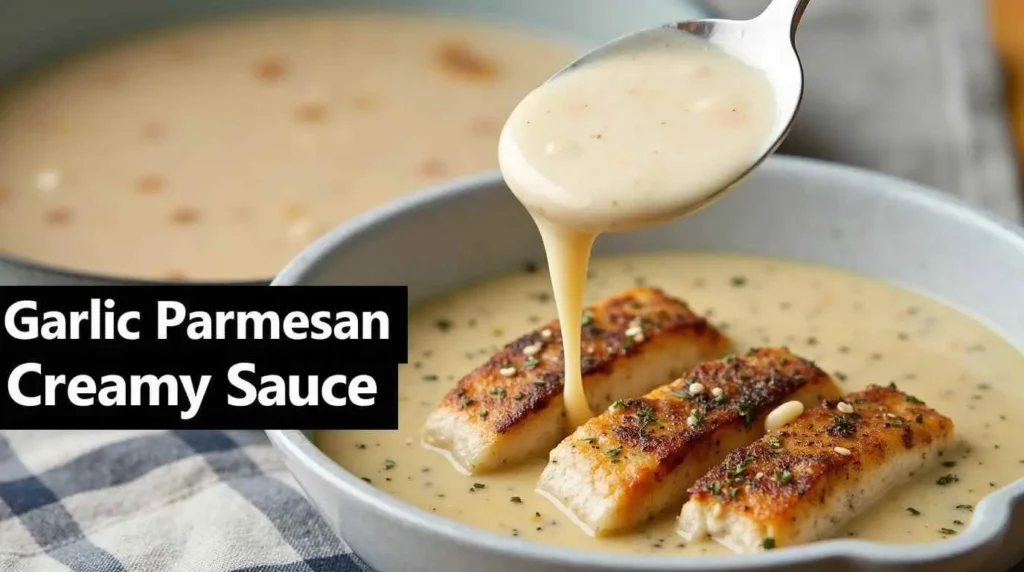 A bowl of homemade garlic parmesan sauce, creamy and flavorful, garnished with fresh herbs and served alongside bright lemons on a marble countertop.
