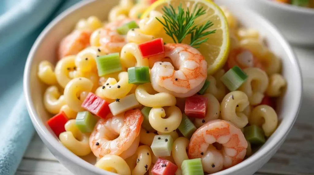 Chilled shrimp macaroni salad recipe served in a glass bowl, showcasing plump shrimp, colorful vegetables, and creamy dressing
