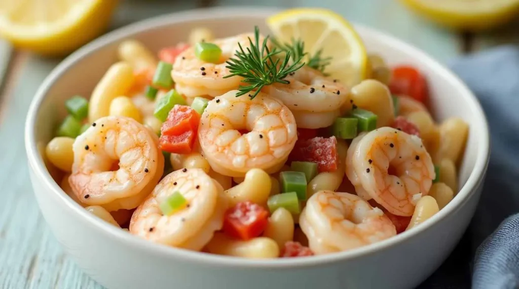 Classic shrimp macaroni salad with crisp vegetables and herbs