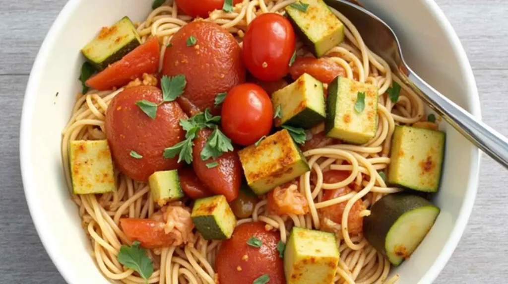 A healthy pasta dish with zucchini, tomatoes, and fresh herbs, served on a white plate.